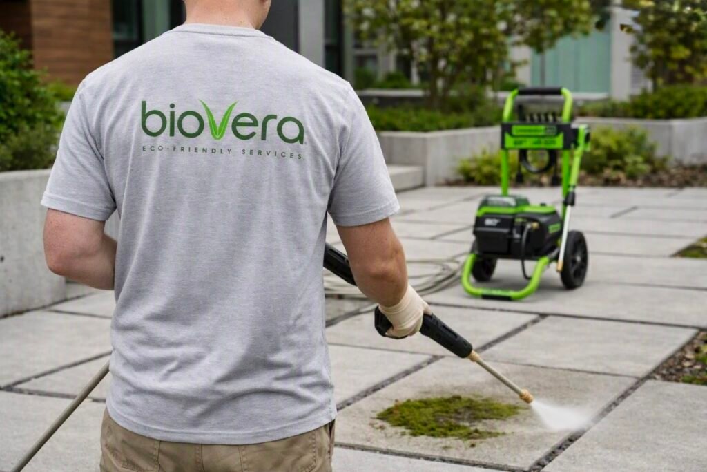 BioVera technician pressure-washing an exterior surface with battery-electric equipment