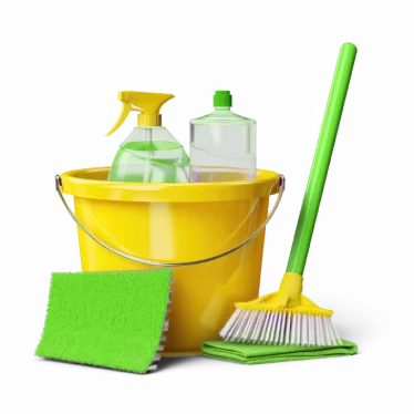 Cleaning supplies bucket with spray bottles and broom